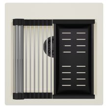 HD Infinity White 48 egymedencés gránit mosogatótálca szett, acél csepegtetőráccsal és matt fekete kosárral, tört fehér színben, matt fekete leeresztő szifonnal