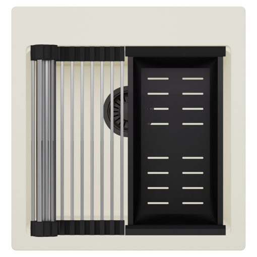 HD Infinity White 48 egymedencés gránit mosogatótálca szett, acél csepegtetőráccsal és matt fekete kosárral, tört fehér színben, matt fekete leeresztő szifonnal