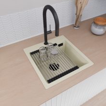 HD Infinity White 48 egymedencés gránit mosogatótálca szett, acél csepegtetőráccsal és matt fekete kosárral, tört fehér színben, matt fekete leeresztő szifonnal