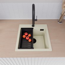 HD Infinity White 48 egymedencés gránit mosogatótálca szett, acél csepegtetőráccsal és matt fekete kosárral, tört fehér színben, matt fekete leeresztő szifonnal