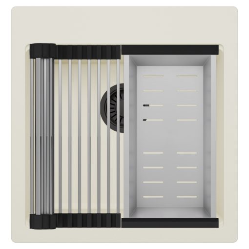 HD Infinity White 48 egymedencés gránit mosogatótálca szett, acél csepegtetőráccsal és kosárral, tört fehér színben, matt fekete leeresztő szifonnal