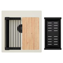 HD Infinity White 48 egymedencés gránit mosogatótálca szett, vágódeszkával, matt fekete csepegtetőráccsal és kosárral, tört fehér színben, matt fekete leeresztő szifonnal