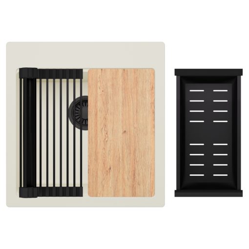 HD Infinity White 48 egymedencés gránit mosogatótálca szett, vágódeszkával, matt fekete csepegtetőráccsal és kosárral, tört fehér színben, matt fekete leeresztő szifonnal