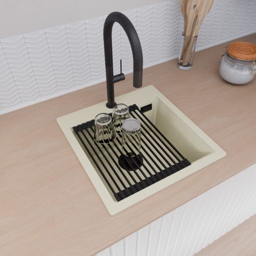 HD Infinity White 48 egymedencés gránit mosogatótálca szett, vágódeszkával, matt fekete csepegtetőráccsal és kosárral, tört fehér színben, matt fekete leeresztő szifonnal