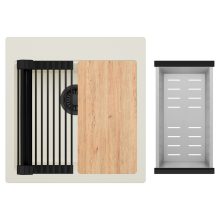 HD Infinity White 48 egymedencés gránit mosogatótálca szett, vágódeszkával, matt fekete csepegtetőráccsal és krómozott kosárral, tört fehér színben, matt fekete leeresztő szifonnal