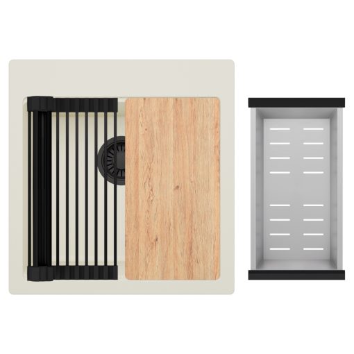 HD Infinity White 48 egymedencés gránit mosogatótálca szett, vágódeszkával, matt fekete csepegtetőráccsal és krómozott kosárral, tört fehér színben, matt fekete leeresztő szifonnal