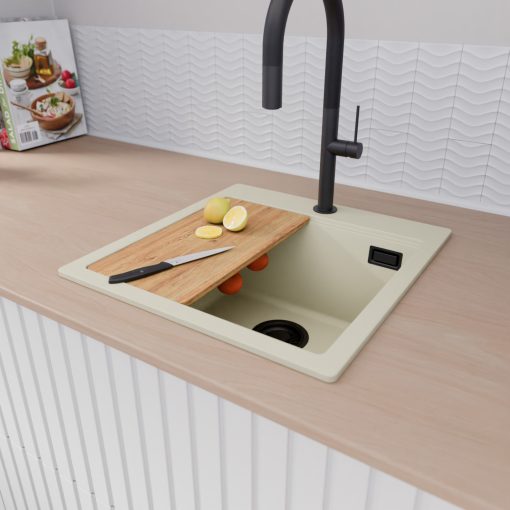 HD Infinity White 48 egymedencés gránit mosogatótálca szett, vágódeszkával, matt fekete csepegtetőráccsal és krómozott kosárral, tört fehér színben, matt fekete leeresztő szifonnal