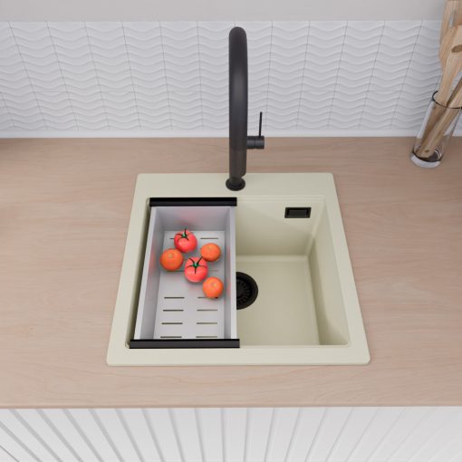 HD Infinity White 48 egymedencés gránit mosogatótálca szett, vágódeszkával, matt fekete csepegtetőráccsal és krómozott kosárral, tört fehér színben, matt fekete leeresztő szifonnal