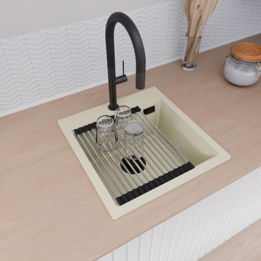 HD Infinity White 48 egymedencés gránit mosogatótálca szett, vágódeszkával, acél csepegtetőráccsal és matt fekete kosárral, tört fehér színben, matt fekete leeresztő szifonnal