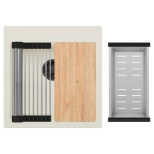 HD Infinity White 48 egymedencés gránit mosogatótálca szett, vágódeszkával, acél csepegtetőráccsal és kosárral, tört fehér színben, matt fekete leeresztő szifonnal