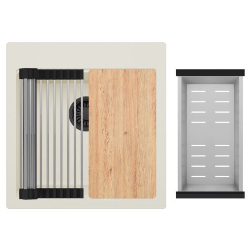 HD Infinity White 48 egymedencés gránit mosogatótálca szett, vágódeszkával, acél csepegtetőráccsal és kosárral, tört fehér színben, matt fekete leeresztő szifonnal