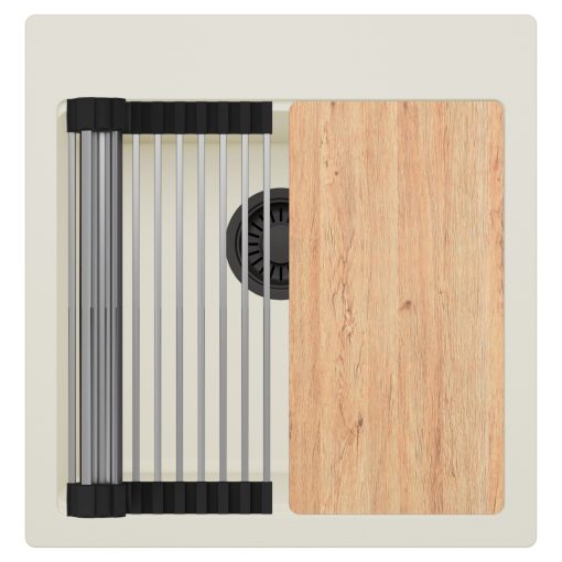 HD Infinity White 48 egymedencés gránit mosogatótálca szett, vágódeszkával, acél csepegtetőráccsal, tört fehér színben, matt fekete leeresztő szifonnal