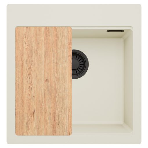 HD Infinity White 48 egymedencés gránit mosogatótálca, vágódeszkával, tört fehér színben, matt fekete leeresztő szifonnal