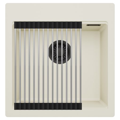 HD Infinity White 48 egymedencés gránit mosogatótálca szett, acél csepegtetőráccsal, tört fehér színben, matt fekete leeresztő szifonnal