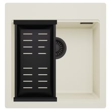 HD Infinity White 48 egymedencés gránit mosogatótálca szett, matt fekete csepegtetőkosárral, tört fehér színben, matt fekete leeresztő szifonnal