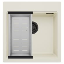 HD Infinity White 48 egymedencés gránit mosogatótálca szett, acél csepegtetőkosárral, tört fehér színben, matt fekete leeresztő szifonnal