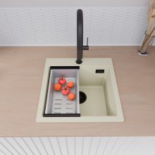 HD Infinity White 48 egymedencés gránit mosogatótálca szett, acél csepegtetőkosárral, tört fehér színben, matt fekete leeresztő szifonnal