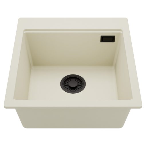 HD Infinity White 48 egymedencés gránit mosogatótálca, tört fehér színben, matt fekete leeresztő szifonnal