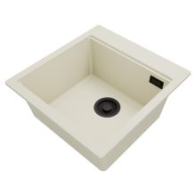 HD Infinity White 48 egymedencés gránit mosogatótálca, tört fehér színben, matt fekete leeresztő szifonnal