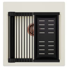 HD Infinity White 48 egymedencés gránit mosogatótálca szett, matt fekete csepegtetőráccsal és kosárral, tört fehér színben, szálcsiszolt réz leeresztő szifonnal