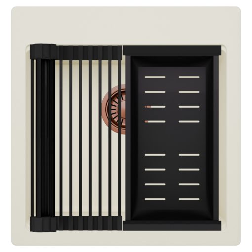 HD Infinity White 48 egymedencés gránit mosogatótálca szett, matt fekete csepegtetőráccsal és kosárral, tört fehér színben, szálcsiszolt réz leeresztő szifonnal