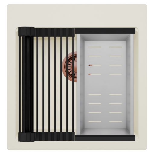 HD Infinity White 48 egymedencés gránit mosogatótálca szett, matt fekete csepegtetőráccsal és krómozott kosárral, tört fehér színben, szálcsiszolt réz leeresztő szifonnal