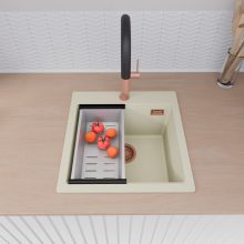 HD Infinity White 48 egymedencés gránit mosogatótálca szett, matt fekete csepegtetőráccsal és krómozott kosárral, tört fehér színben, szálcsiszolt réz leeresztő szifonnal