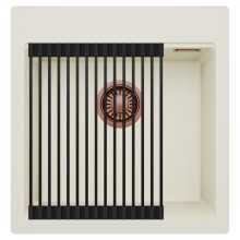 HD Infinity White 48 egymedencés gránit mosogatótálca szett, matt fekete csepegtetőráccsal, tört fehér színben, szálcsiszolt réz leeresztő szifonnal