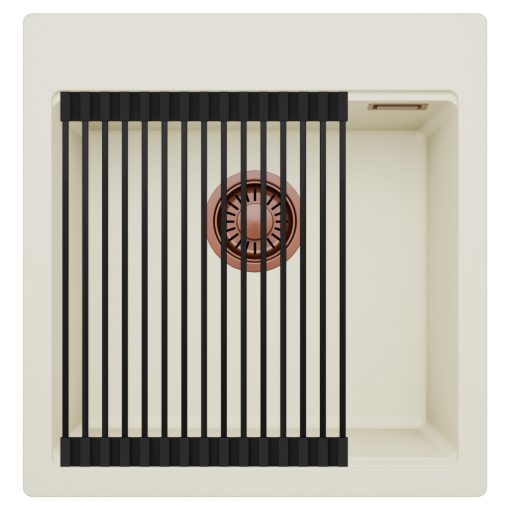 HD Infinity White 48 egymedencés gránit mosogatótálca szett, matt fekete csepegtetőráccsal, tört fehér színben, szálcsiszolt réz leeresztő szifonnal