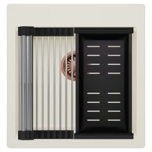 HD Infinity White 48 egymedencés gránit mosogatótálca szett, acél csepegtetőráccsal és matt fekete kosárral, tört fehér színben, szálcsiszolt réz leeresztő szifonnal