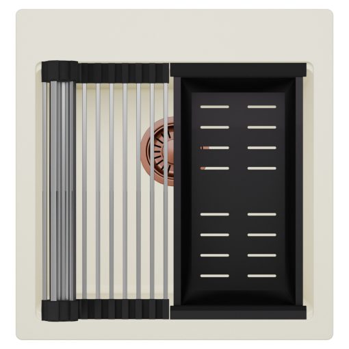 HD Infinity White 48 egymedencés gránit mosogatótálca szett, acél csepegtetőráccsal és matt fekete kosárral, tört fehér színben, szálcsiszolt réz leeresztő szifonnal