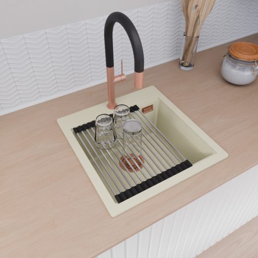 HD Infinity White 48 egymedencés gránit mosogatótálca szett, acél csepegtetőráccsal és matt fekete kosárral, tört fehér színben, szálcsiszolt réz leeresztő szifonnal