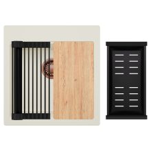 HD Infinity White 48 egymedencés gránit mosogatótálca szett, vágódeszkával, matt fekete csepegtetőráccsal és kosárral, tört fehér színben, szálcsiszolt réz leeresztő szifonnal