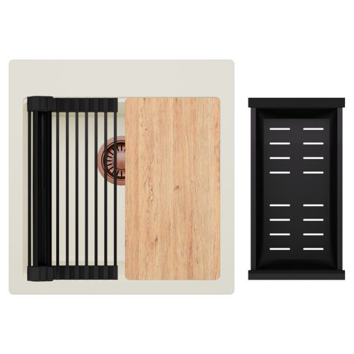 HD Infinity White 48 egymedencés gránit mosogatótálca szett, vágódeszkával, matt fekete csepegtetőráccsal és kosárral, tört fehér színben, szálcsiszolt réz leeresztő szifonnal