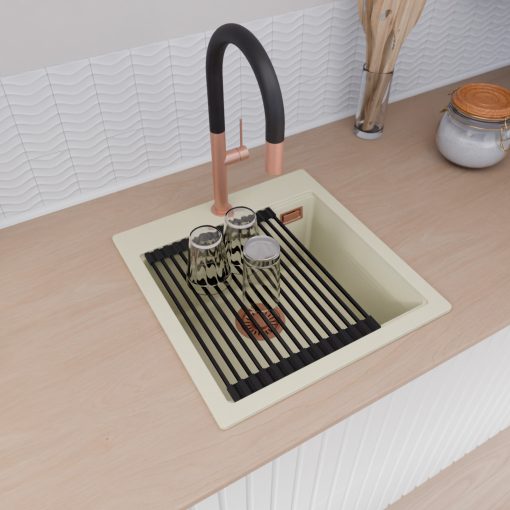 HD Infinity White 48 egymedencés gránit mosogatótálca szett, vágódeszkával, matt fekete csepegtetőráccsal és kosárral, tört fehér színben, szálcsiszolt réz leeresztő szifonnal