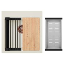 HD Infinity White 48 egymedencés gránit mosogatótálca szett, vágódeszkával, matt fekete csepegtetőráccsal és krómozott kosárral, tört fehér színben, szálcsiszolt réz leeresztő szifonnal