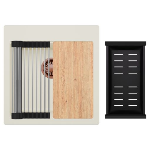 HD Infinity White 48 egymedencés gránit mosogatótálca szett, vágódeszkával, acél csepegtetőráccsal és matt fekete kosárral, tört fehér színben, szálcsiszolt réz leeresztő szifonnal