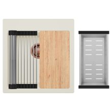 HD Infinity White 48 egymedencés gránit mosogatótálca szett, vágódeszkával, acél csepegtetőráccsal és kosárral, tört fehér színben, szálcsiszolt réz leeresztő szifonnal