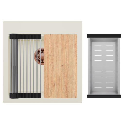 HD Infinity White 48 egymedencés gránit mosogatótálca szett, vágódeszkával, acél csepegtetőráccsal és kosárral, tört fehér színben, szálcsiszolt réz leeresztő szifonnal