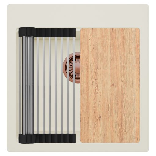 HD Infinity White 48 egymedencés gránit mosogatótálca szett, vágódeszkával, acél csepegtetőráccsal, tört fehér színben, szálcsiszolt réz leeresztő szifonnal