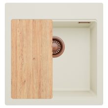 HD Infinity White 48 egymedencés gránit mosogatótálca, vágódeszkával, tört fehér színben, szálcsiszolt réz leeresztő szifonnal