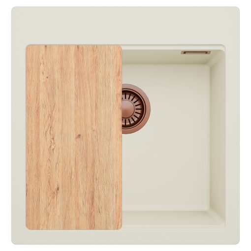HD Infinity White 48 egymedencés gránit mosogatótálca, vágódeszkával, tört fehér színben, szálcsiszolt réz leeresztő szifonnal