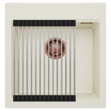 HD Infinity White 48 egymedencés gránit mosogatótálca szett, acél csepegtetőráccsal, tört fehér színben, szálcsiszolt réz leeresztő szifonnal