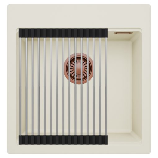 HD Infinity White 48 egymedencés gránit mosogatótálca szett, acél csepegtetőráccsal, tört fehér színben, szálcsiszolt réz leeresztő szifonnal