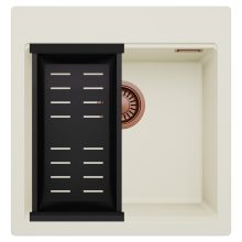 HD Infinity White 48 egymedencés gránit mosogatótálca szett, matt fekete csepegtetőkosárral, tört fehér színben, szálcsiszolt réz leeresztő szifonnal