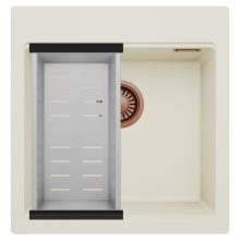 HD Infinity White 48 egymedencés gránit mosogatótálca szett, acél csepegtetőkosárral, tört fehér színben, szálcsiszolt réz leeresztő szifonnal