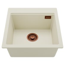 HD Infinity White 48 egymedencés gránit mosogatótálca, tört fehér színben, szálcsiszolt réz leeresztő szifonnal