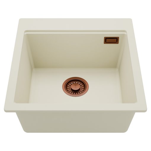 HD Infinity White 48 egymedencés gránit mosogatótálca, tört fehér színben, szálcsiszolt réz leeresztő szifonnal