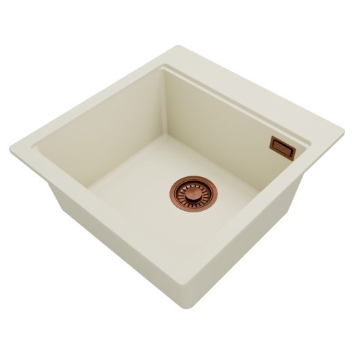 HD Infinity White 48 egymedencés gránit mosogatótálca, tört fehér színben, szálcsiszolt réz leeresztő szifonnal