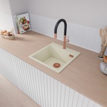 HD Infinity White 48 egymedencés gránit mosogatótálca, tört fehér színben, szálcsiszolt réz leeresztő szifonnal